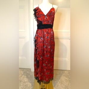 Cinq A Sept Petra Silk Slip Dress Red Print Lace Size 4 NWT Designer MSRP $525